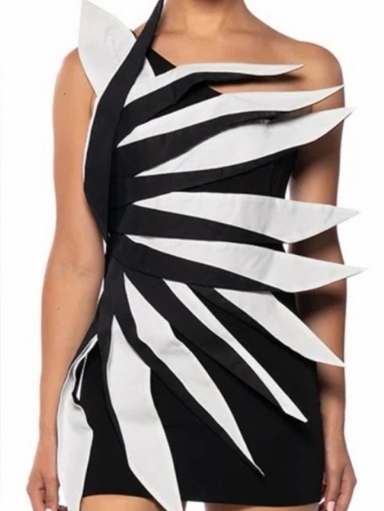 AKIRA Dresses & Skirts - AKIRA Draco Pointed Mini Dress Black White Sculptural One Shoulder Size XL